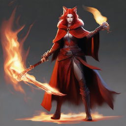 A lawful evil, redheaded, female half-elf cleric of fire