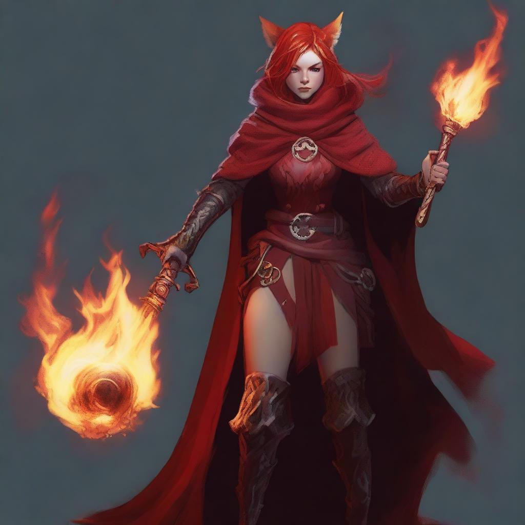 A lawful evil, redheaded, female half-elf cleric of fire