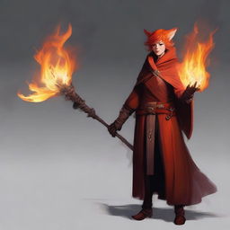 A lawful evil, redheaded, female half-elf cleric of fire