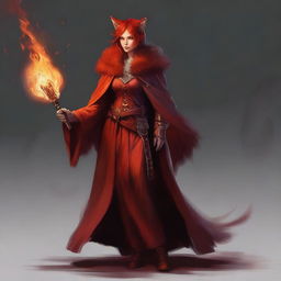 A lawful evil, redheaded, female half-elf cleric of fire