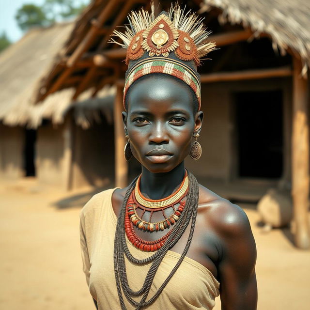 A tall African woman with dark skin stands outdoors in a traditional setting depicting an African village, with thatched-roof huts in the background