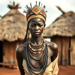 A tall African woman with dark skin stands outdoors in a traditional setting depicting an African village, with thatched-roof huts in the background