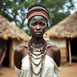 A tall African woman with dark skin stands outdoors in a traditional setting depicting an African village, with thatched-roof huts in the background