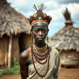A tall African woman with dark skin stands outdoors in a traditional setting depicting an African village, with thatched-roof huts in the background