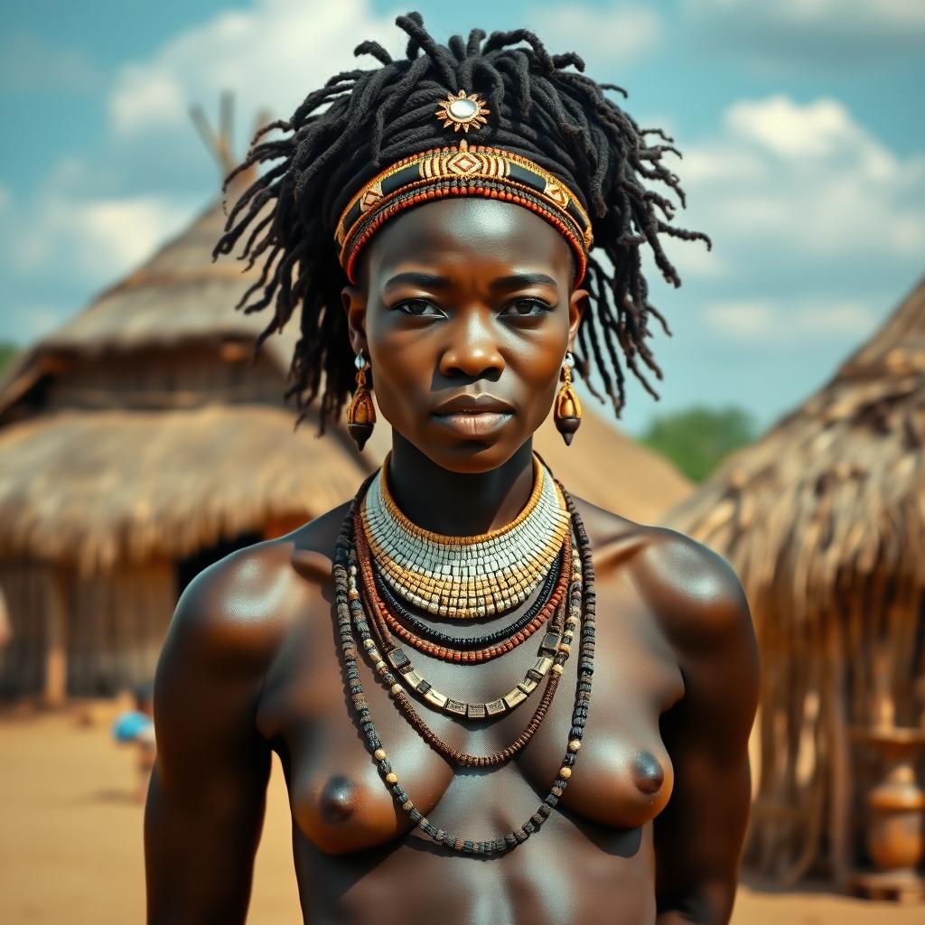 A tall African woman with dark skin stands outdoors in a traditional setting depicting an African village, with thatched-roof huts in the background