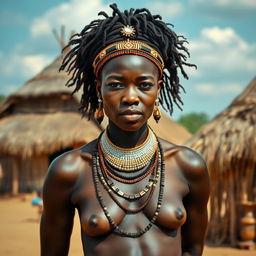 A tall African woman with dark skin stands outdoors in a traditional setting depicting an African village, with thatched-roof huts in the background