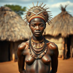 A tall African woman with dark skin stands outdoors in a traditional setting depicting an African village, with thatched-roof huts in the background