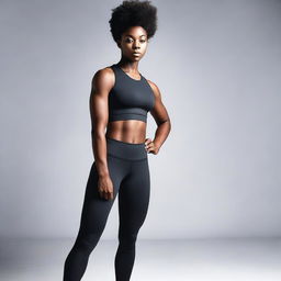 Generate an image of a sporty, black girl with a slim figure, wearing spandex and a compression shirt