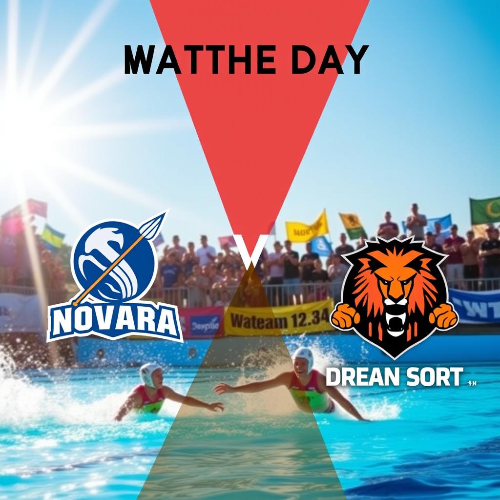An engaging Instagram post for a water polo match day featuring two teams: Waterpolo Novara with a spear and trident as their logo, and Dream Sport represented by a fierce lion logo