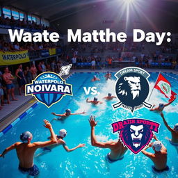 An engaging Instagram post for a water polo match day featuring two teams: Waterpolo Novara with a spear and trident as their logo, and Dream Sport represented by a fierce lion logo