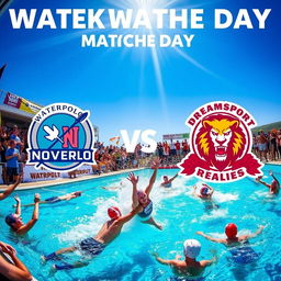 An engaging Instagram post for a water polo match day featuring two teams: Waterpolo Novara with a spear and trident as their logo, and Dream Sport represented by a fierce lion logo