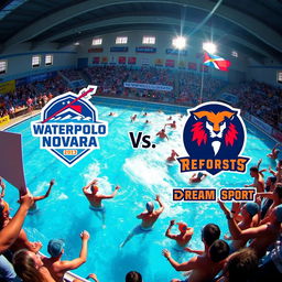 An engaging Instagram post for a water polo match day featuring two teams: Waterpolo Novara with a spear and trident as their logo, and Dream Sport represented by a fierce lion logo