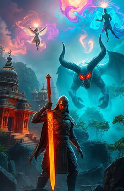 A captivating scene from a mythical thriller rooted in Hindu mythology, showcasing a vibrant landscape filled with mystical elements