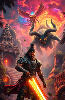 A captivating scene from a mythical thriller rooted in Hindu mythology, showcasing a vibrant landscape filled with mystical elements