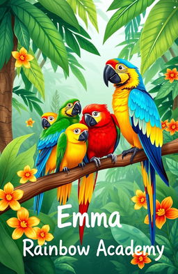 A whimsical and colorful illustration of several vibrant parrots perched on a branch in a tropical rainforest