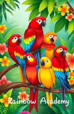 A whimsical and colorful illustration of several vibrant parrots perched on a branch in a tropical rainforest