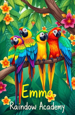 A whimsical and colorful illustration of several vibrant parrots perched on a branch in a tropical rainforest