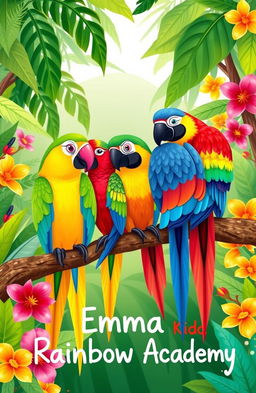 A whimsical and colorful illustration of several vibrant parrots perched on a branch in a tropical rainforest