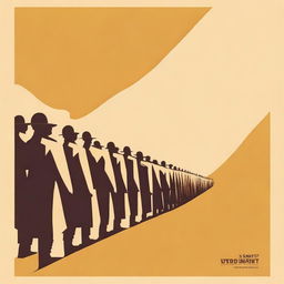 Minimalist poster featuring soldiers marching in perspective against a light ochre backdrop, with an angular, stern face in the foreground, looking towards the horizon