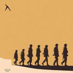 Minimalist poster featuring soldiers marching in perspective against a light ochre backdrop, with an angular, stern face in the foreground, looking towards the horizon