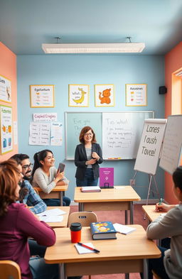 An image depicting a cheerful and inviting classroom setting designed for teaching English to beginners