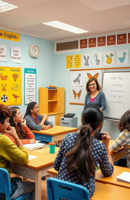 An image depicting a cheerful and inviting classroom setting designed for teaching English to beginners