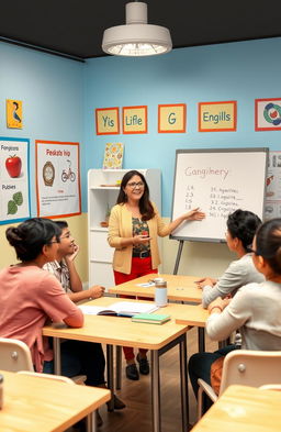 An image depicting a cheerful and inviting classroom setting designed for teaching English to beginners