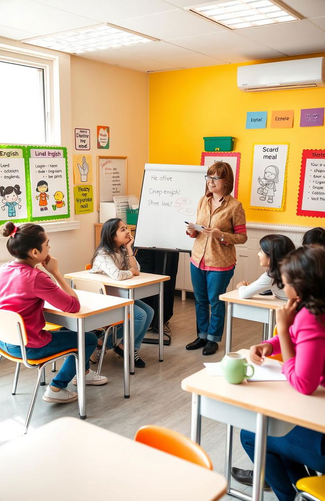 An image depicting a cheerful and inviting classroom setting designed for teaching English to beginners