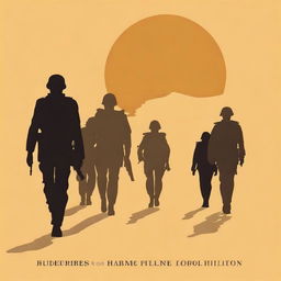 Minimalist poster featuring soldiers marching in perspective against a light ochre backdrop, with an angular, stern face in the foreground, looking towards the horizon