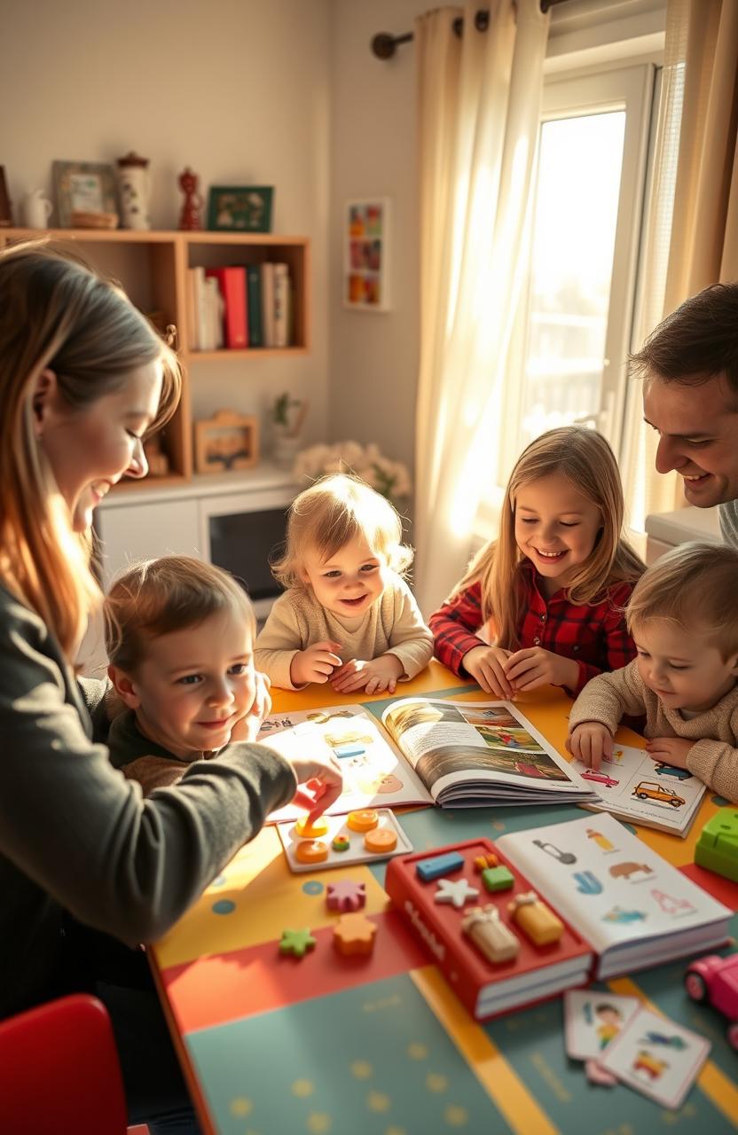 A warm and inviting home setting, featuring Polish children sitting at a colorful table with their parents, engaging in fun English language learning activities