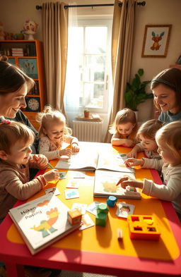 A warm and inviting home setting, featuring Polish children sitting at a colorful table with their parents, engaging in fun English language learning activities