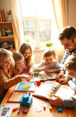 A warm and inviting home setting, featuring Polish children sitting at a colorful table with their parents, engaging in fun English language learning activities