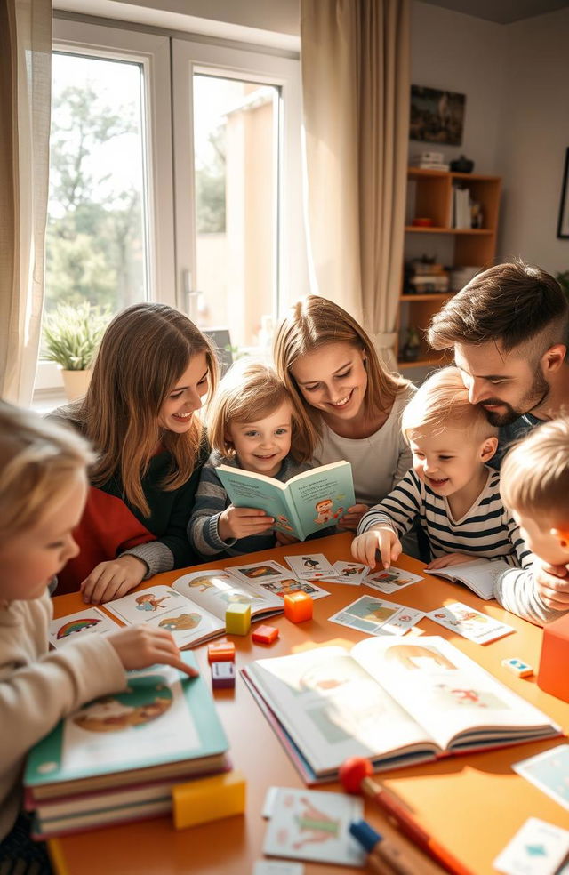 A warm and inviting home setting, featuring Polish children sitting at a colorful table with their parents, engaging in fun English language learning activities