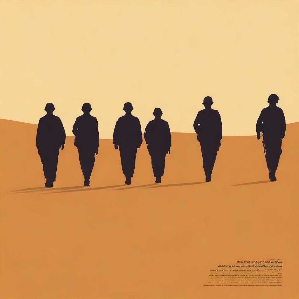 Minimalist poster featuring soldiers marching in perspective against a light ochre backdrop, with an angular, stern face in the foreground, looking towards the horizon