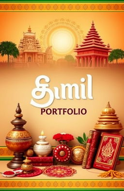 A visually appealing cover page for a Tamil portfolio, featuring iconic Tamil cultural symbols such as the Tamil script beautifully integrated into the background
