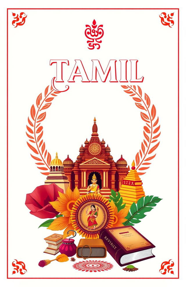 A visually appealing cover page for a Tamil portfolio, featuring iconic Tamil cultural symbols such as the Tamil script beautifully integrated into the background