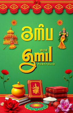 A visually appealing cover page for a Tamil portfolio, featuring iconic Tamil cultural symbols such as the Tamil script beautifully integrated into the background