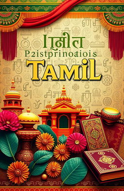 A visually appealing cover page for a Tamil portfolio, featuring iconic Tamil cultural symbols such as the Tamil script beautifully integrated into the background