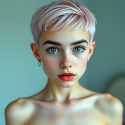 A teenage skinny slender Caucasian girl with big black eyebrows and very short light pink hair, showcasing a pinned-up pose while looking directly at the camera