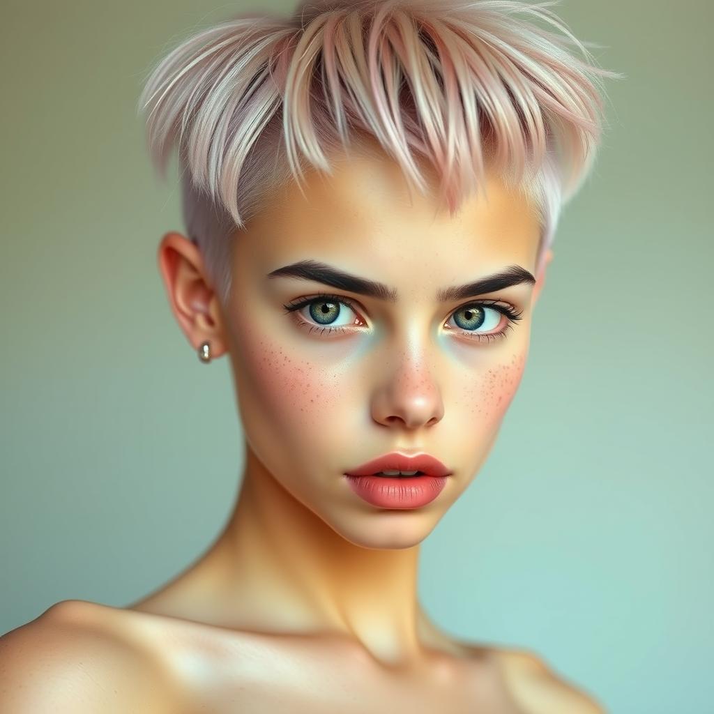 A teenage skinny slender Caucasian girl with big black eyebrows and very short light pink hair, showcasing a pinned-up pose while looking directly at the camera