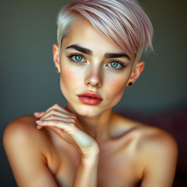 A teenage skinny slender Caucasian girl with big black eyebrows and very short light pink hair, showcasing a pinned-up pose while looking directly at the camera