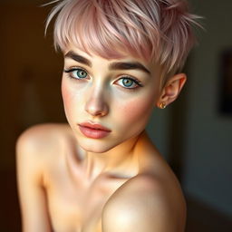 A teenage skinny slender Caucasian girl with big black eyebrows and very short light pink hair, showcasing a pinned-up pose while looking directly at the camera