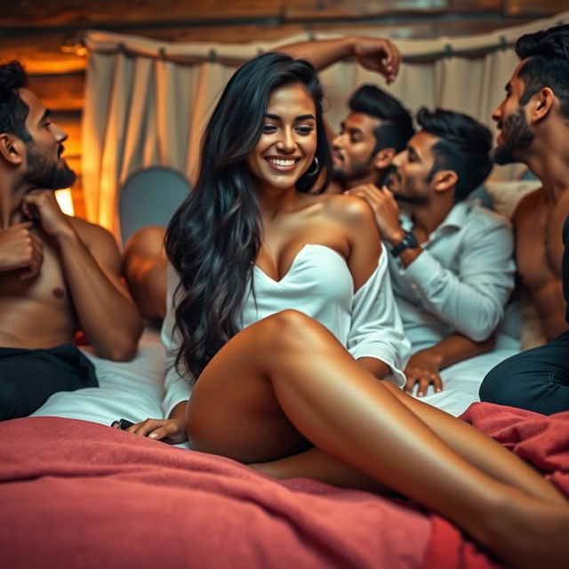 A beautiful young Pakistani woman with long, toned legs, lying on a bed in a cozy, intimate lodge setting