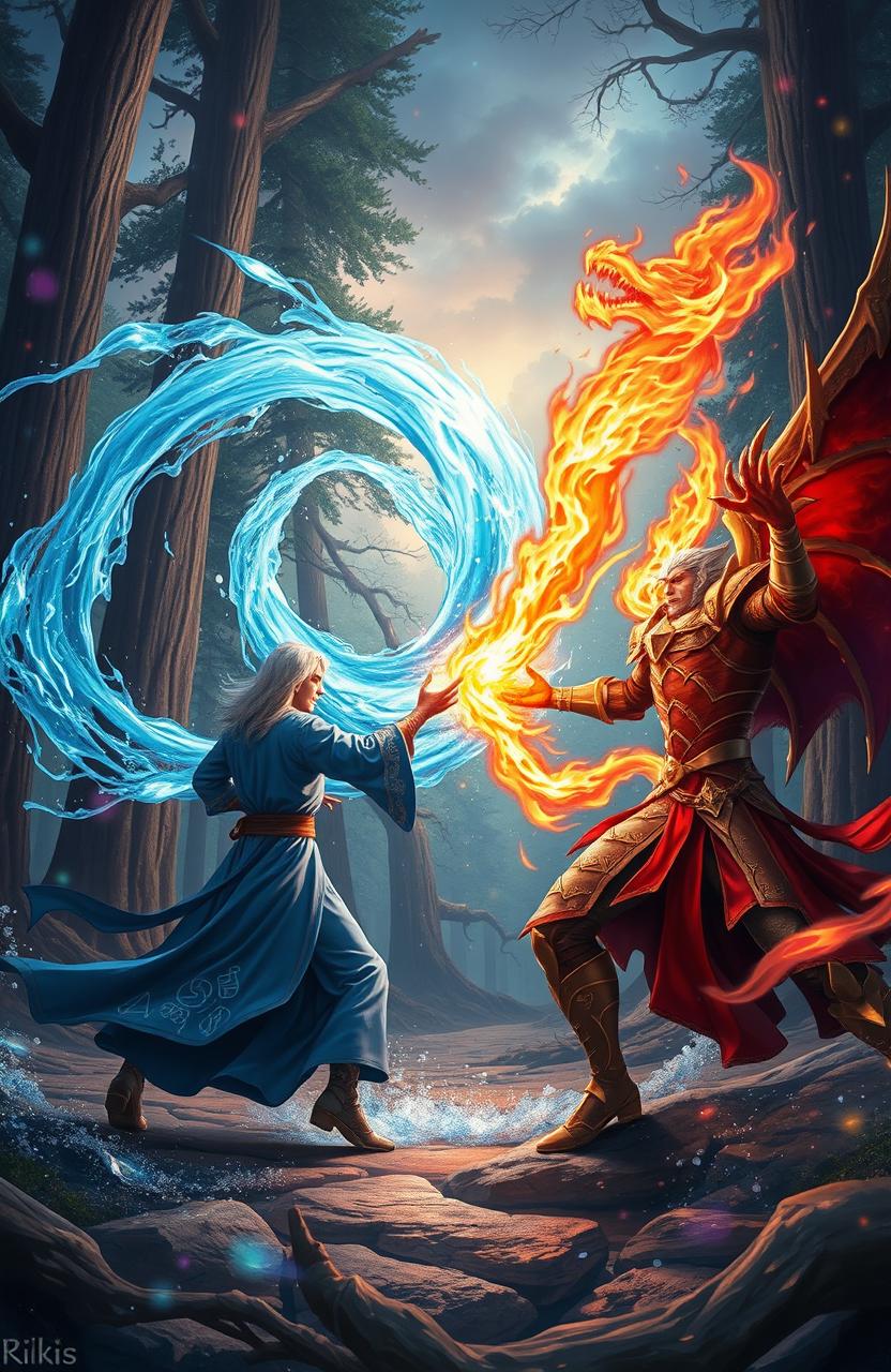 A dynamic scene of a magical battle between two powerful sorcerers, surrounded by ethereal glowing spells and colorful magical energy arcs