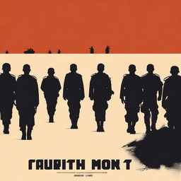 Minimalist poster featuring a harsh, angular face in the foreground, looking towards the horizon, against a backdrop of soldiers marching in a row