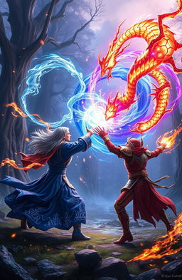A dynamic scene of a magical battle between two powerful sorcerers, surrounded by ethereal glowing spells and colorful magical energy arcs