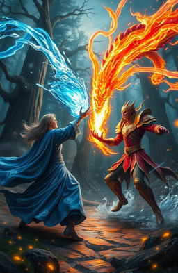 A dynamic scene of a magical battle between two powerful sorcerers, surrounded by ethereal glowing spells and colorful magical energy arcs
