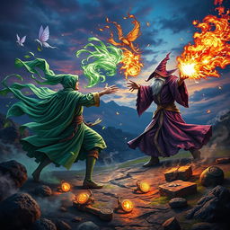 A dramatic and visually striking scene depicting a magical battle between two ancient wizards in a mystical landscape