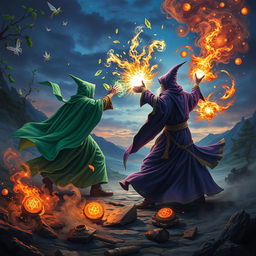 A dramatic and visually striking scene depicting a magical battle between two ancient wizards in a mystical landscape