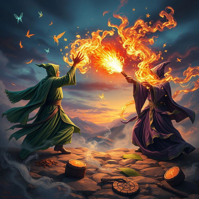 A dramatic and visually striking scene depicting a magical battle between two ancient wizards in a mystical landscape